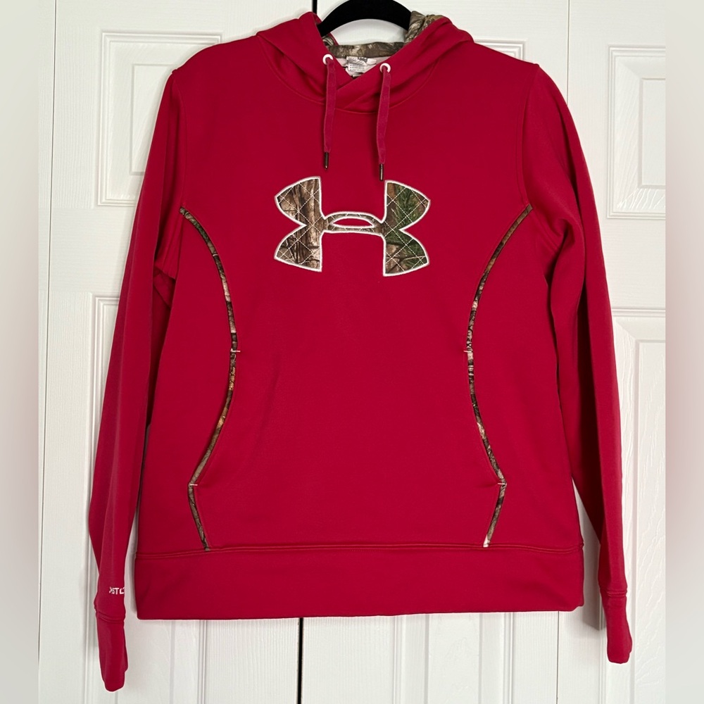 Under Armour Red Pullover Storm Hoodie Hooded Green Camo Logo Womens Size Lg